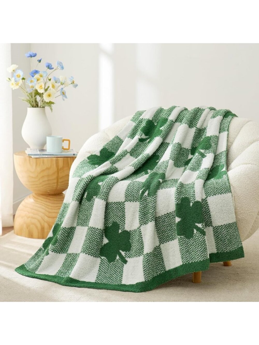 Cozy St. Patrick's Day Throw Blanket, Lucky Clover Fuzzy Reversible 50x60